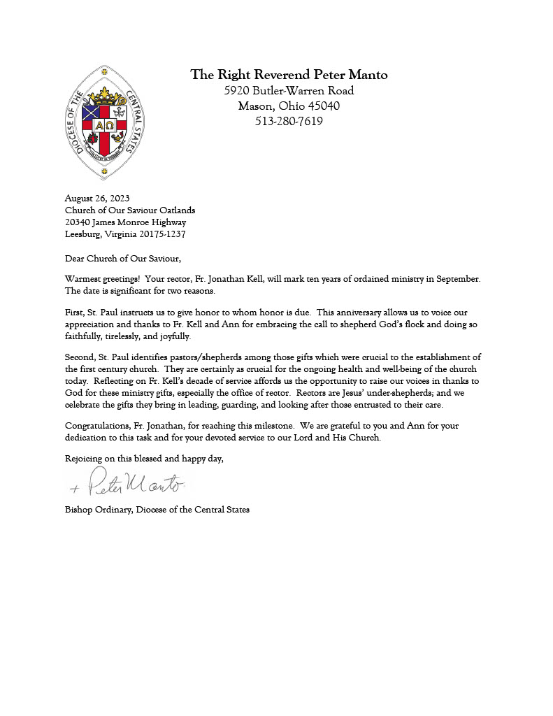Father Jonathan's ordination anniversary letter